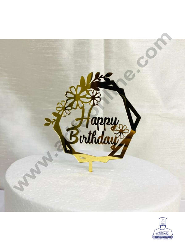 CAKE DECOR™ 5 inch Acrylic Happy Birthday Floral Double Hexagon Frame Cutout Cake Topper Cake Decoration Dessert Decoration (SBMT-1032)