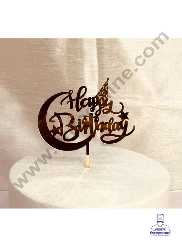 CAKE DECOR™ 5 inch Acrylic Happy Birthday with Cresent Moon, Stars & A Birthday Cap Cutout Cake Topper Cake Decoration Dessert Decoration (SBMT-1034)
