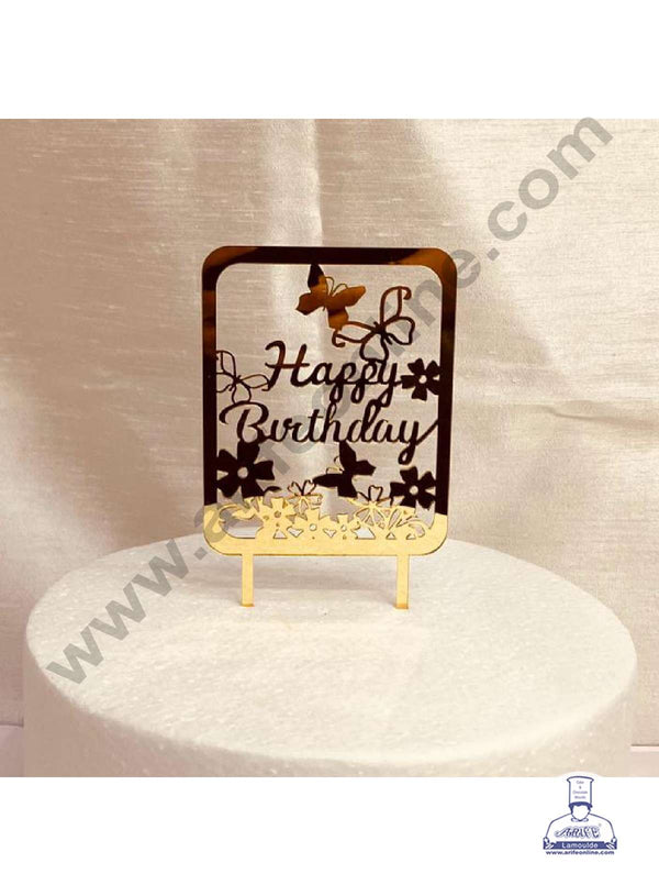 CAKE DECOR™ 5 inch Acrylic Happy Birthday with Flowers & Butterfly in Rectangle Frame Cutout Cake Topper Cake Decoration Dessert Decoration (SBMT-1035)