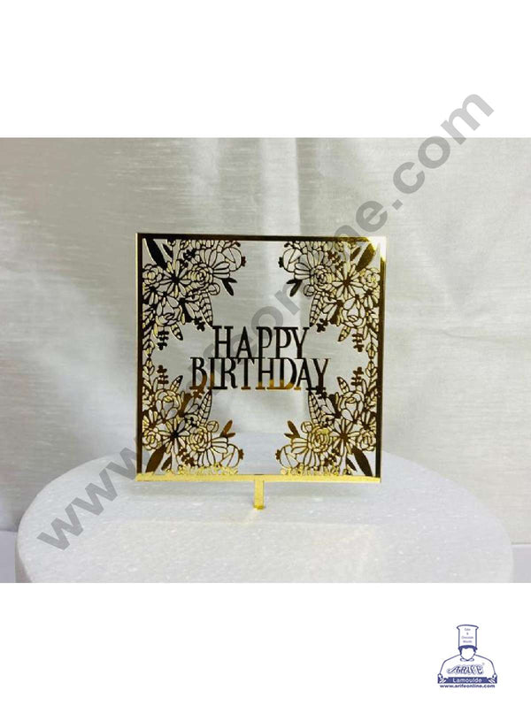 CAKE DECOR™ 5 inch Acrylic Happy Birthday with Flowers Cutout in Square Frame Cake Topper Cake Decoration Dessert Decoration (SBMT-1036)