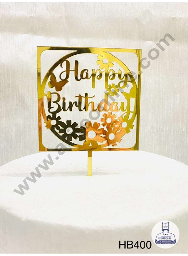 CAKE DECOR™ 5 inch Acrylic Happy Birthday with Butterfly & Floral Cutout in Round & Square Frame Cake Topper Cake Decoration Dessert Decoration (SBMT-1047)