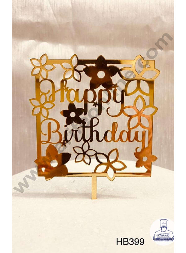 CAKE DECOR™ 5 inch Acrylic Happy Birthday with Flowers Cutout in Square Frame Cake Topper Cake Decoration Dessert Decoration (SBMT-1049)