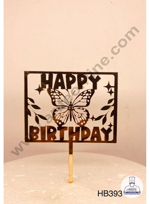 CAKE DECOR™ 5 inch Acrylic Happy Birthday with Butterfly and Leaf Cutout in Rectangle Frame Cake Topper Cake Decoration Dessert Decoration (SBMT-1056)