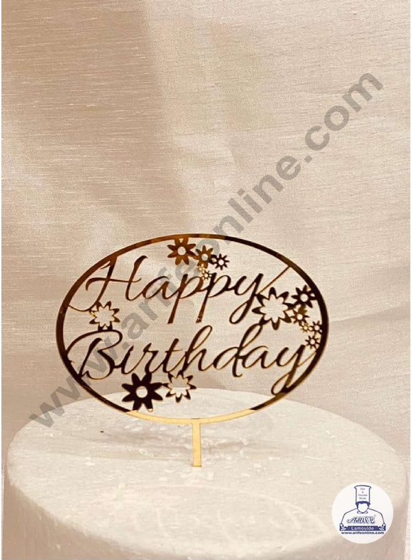 CAKE DECOR™ 5 inch Acrylic Happy Birthday with Flower Cutout in Oval Frame Cake Topper Cake Decoration Dessert Decoration (SBMT-1057)