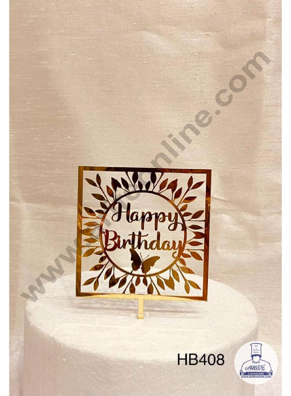 CAKE DECOR™ 5 inch Acrylic Happy Birthday with Butterfly in Leafy Frame in Square Frame Cake Topper Cake Decoration Dessert Decoration (SBMT-1061)