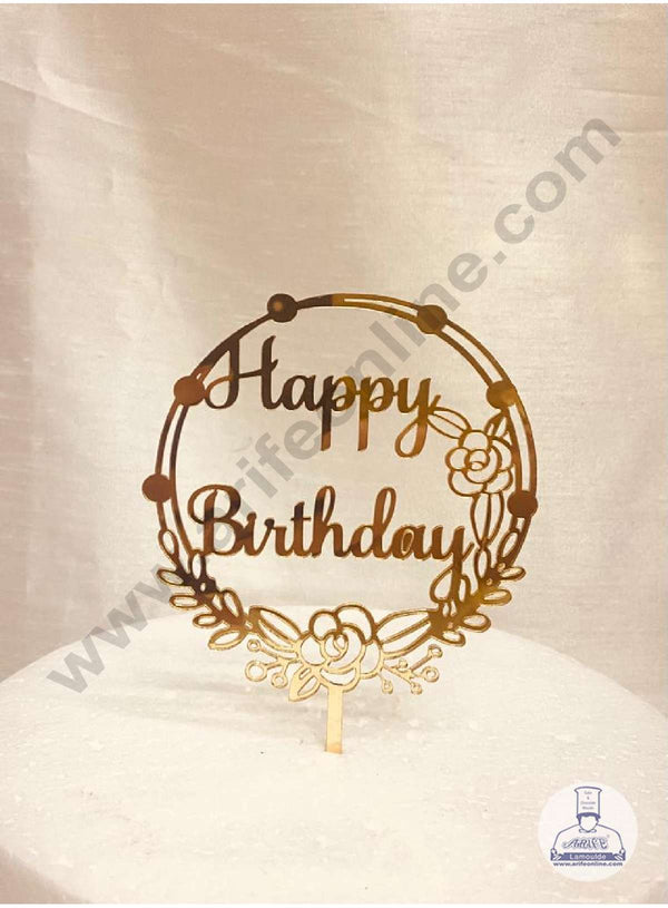 CAKE DECOR™ 5 inch Acrylic Happy Birthday in Floral Theme Round Frame Cake Topper Cake Decoration Dessert Decoration (SBMT-1064)
