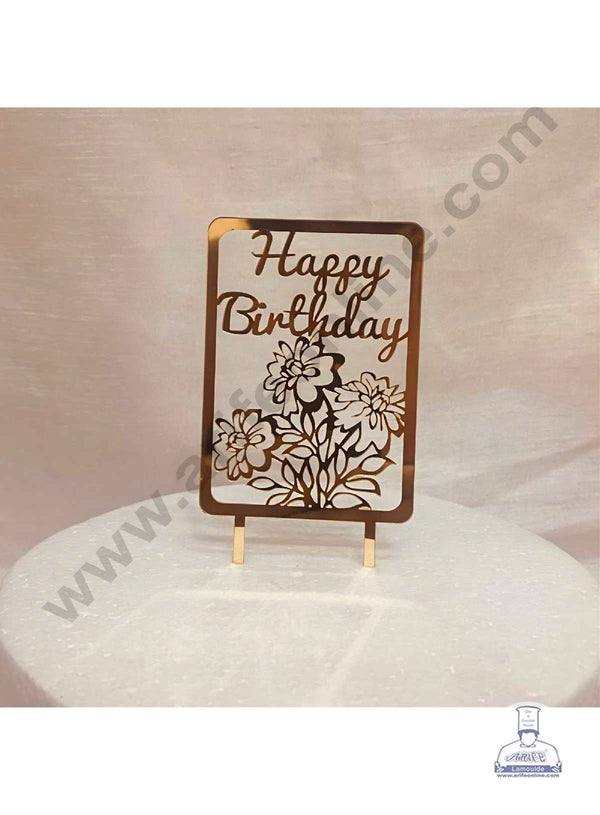 CAKE DECOR™ 5 inch Acrylic Happy Birthday in Flower Cutout in Rectangle Frame Cake Topper Cake Decoration (SBMT-1079)