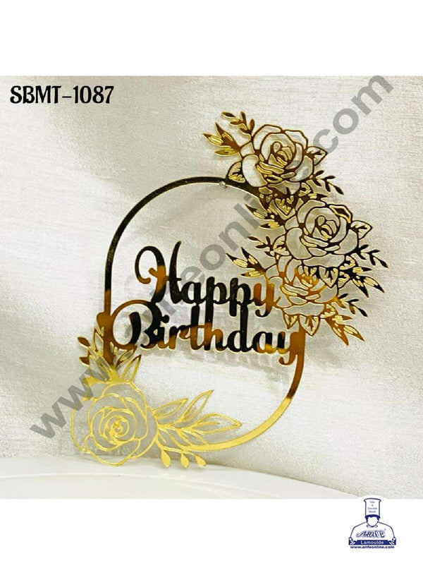 CAKE DECOR™ 5 inch Acrylic Happy Birthday in Rose Flower Cutout Frame Cake topper (SBMT-1087)