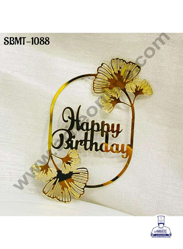 CAKE DECOR™ 5 inch Acrylic Happy Birthday in Gynko Leaf Cutout Frame Cake topper (SBMT-1088)