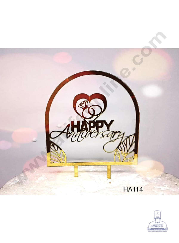 CAKE DECOR™ 5 inch Acrylic Leaf Window Frame Happy Anniversary with Heart and Rings Cake Topper Cake Decoration Dessert Decoration (SBMT-2001)