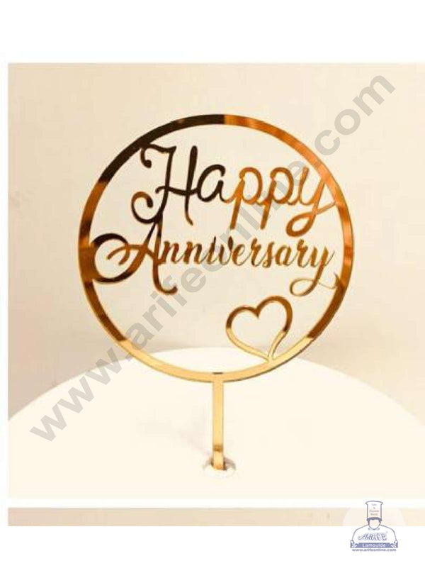 CAKE DECOR™ 5 inch Acrylic Simple Happy Anniversary Round Frame with Heart Cake Topper Cake Decoration Dessert Decoration (SBMT-2010)