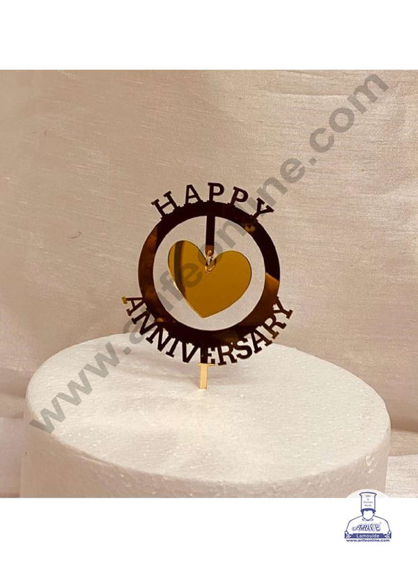 CAKE DECOR™ 5 inch Acrylic Happy Anniversary Round Frame with Hanging Heart Cutout Cake Topper Cake Decoration Dessert Decoration (SBMT-2019)