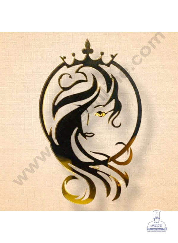 CAKE DECOR™ 5 inch Acrylic Long Hair Women Face with Crown Round Frame Cutout Cake Topper Cake Decoration Dessert Decoration (SBMT-3021-G)