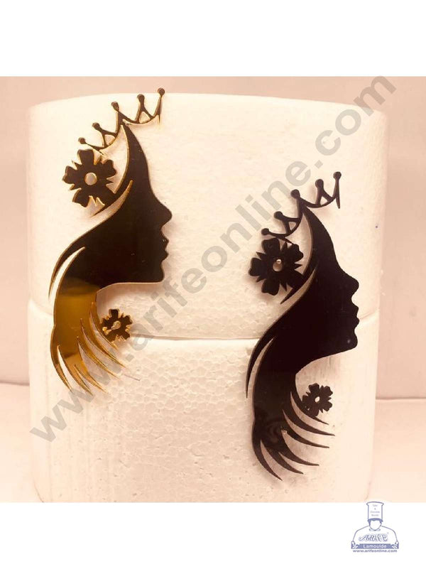 CAKE DECOR™ 5 inch Acrylic Long Hair Women Face with Flower & Crown Cutout Cake Topper Cake Decoration Dessert Decoration (SBMT-3025-G)