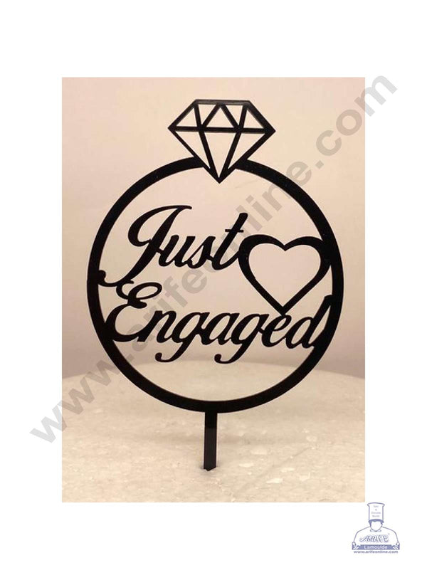 CAKE DECOR™ 5 inch Black  Acrylic Just Engaged with Heart in Ring Cutout Cake Topper Cake Decoration Dessert Decoration (SBMT-3034-B)