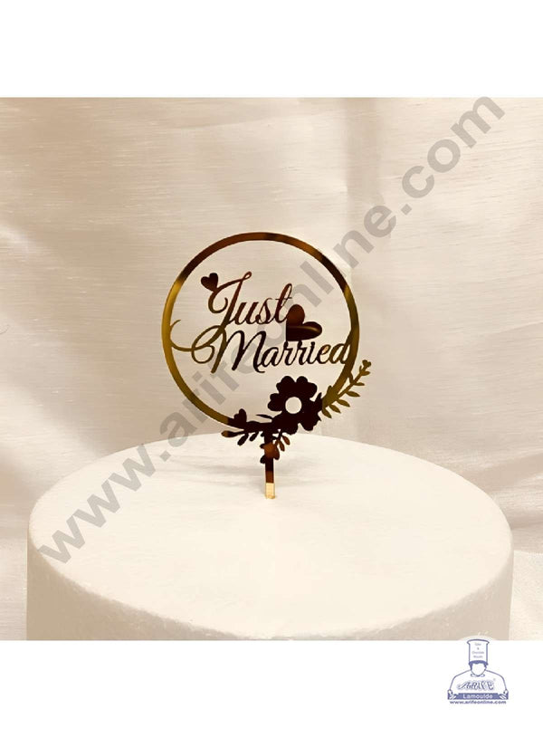 CAKE DECOR™ 5 inch Acrylic Just Married with Heart & Flower Cutout Round Frame Cake Topper Cake Decoration (SBMT-3049)