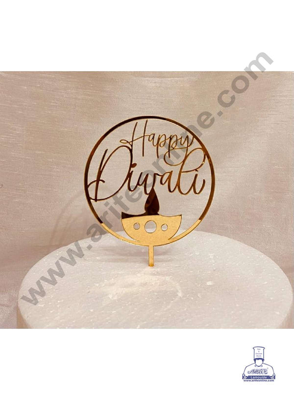 CAKE DECOR™ 5 inch Acrylic Simple Happy Diwali with Diya Cutout in Round Frame Cake Topper Cake Decoration Dessert Decoration (SBMT-5001)