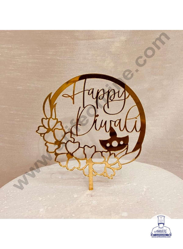 CAKE DECOR™ 5 inch Acrylic Happy Diwali with Diya and Floral Cutout Frame Cake Topper Cake Decoration Dessert Decoration (SBMT-5004)