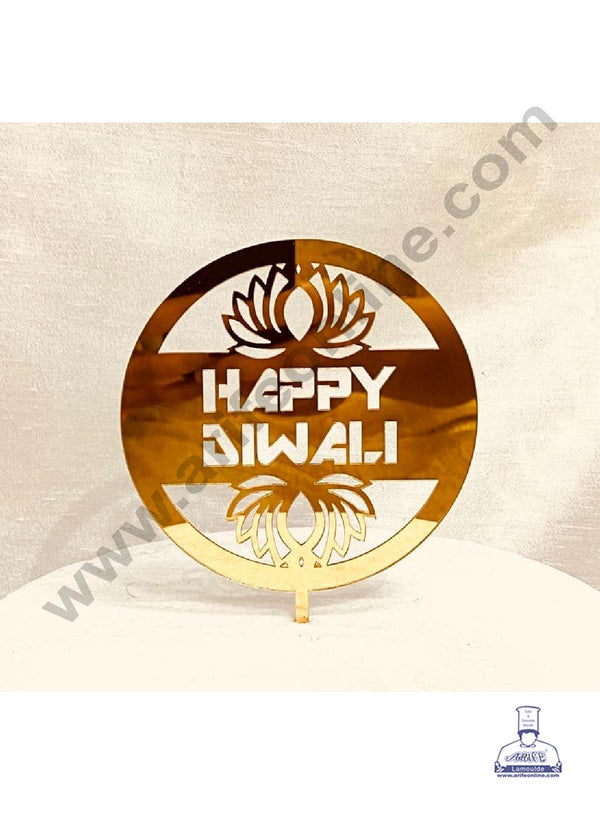 CAKE DECOR™ 5 inch Acrylic Happy Diwali with Lotus Flower Cutout in Round Frame Cake Topper Cake Decoration Dessert Decoration (SBMT-5006)