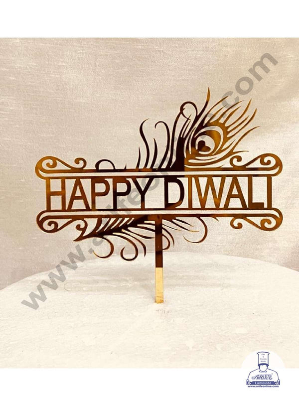 CAKE DECOR™ 5 inch Acrylic Happy Diwali with Peacock Feather Cutout Cake Topper Cake Decoration Dessert Decoration (SBMT-5010)