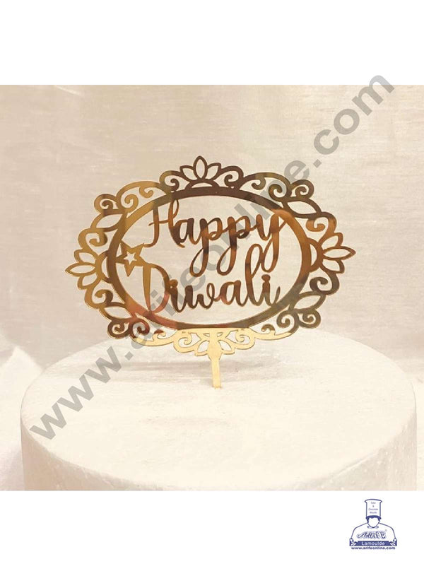 CAKE DECOR™ 5 inch Acrylic Happy Diwali with Star Cutout in Lotus Flower Frame Cake Topper Cake Decoration Dessert Decoration (SBMT-5013)