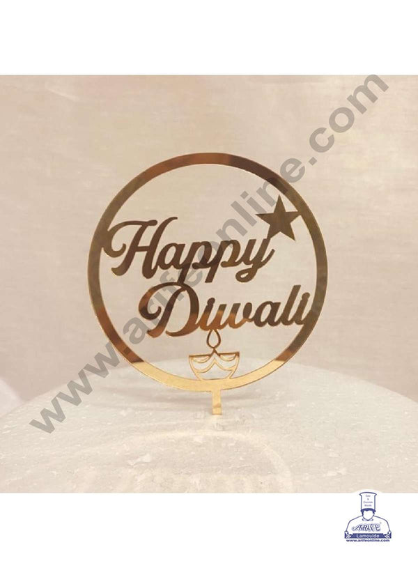 CAKE DECOR™ 5 inch Acrylic Happy Diwali with Star & Diya Cutout in Round Frame Cake Topper Cake Decoration Dessert Decoration (SBMT-5014)