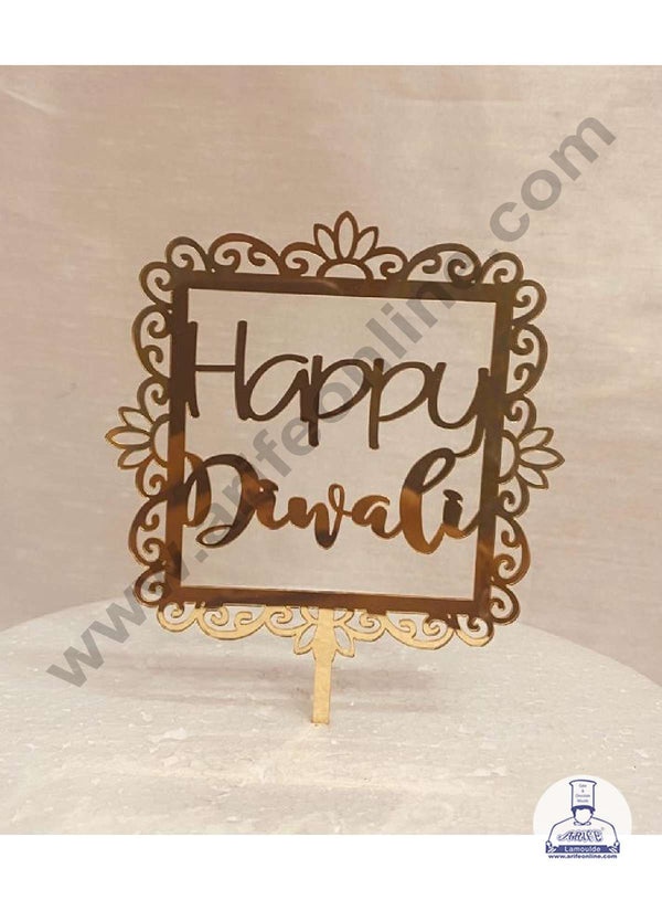 CAKE DECOR™ 5 inch Acrylic Happy Diwali in Lotus Flower Cutout Square Frame Cake Topper Cake Decoration Dessert Decoration (SBMT-5015)