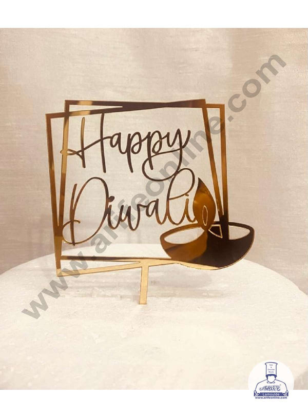 CAKE DECOR™ 5 inch Acrylic Happy Diwali with Diya Cutout in Double Square Frame Cake Topper Cake Decoration Dessert Decoration (SBMT-5017)