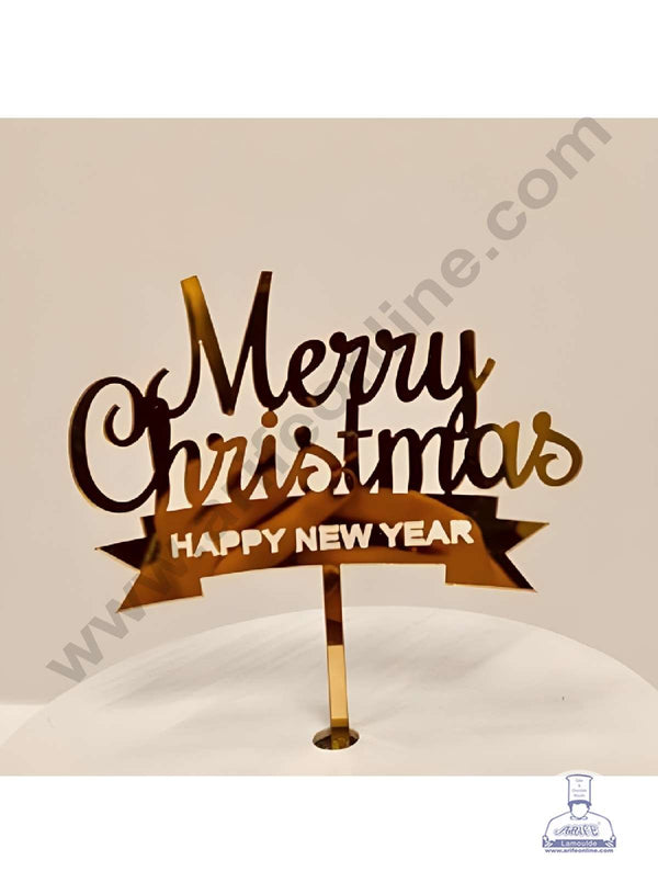 CAKE DECOR™ 5 inch Acrylic Merry Christmas with Happy New Year in Ribbon Cutout Cake Topper Cake Decoration (SBMT-6014)