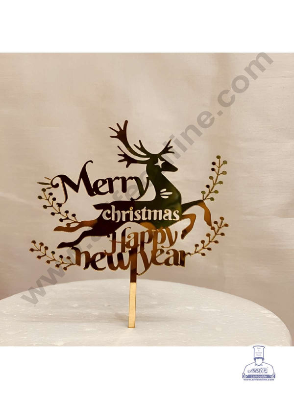 CAKE DECOR™ 5 inch Acrylic Merry Christmas with Happy New Year & Reindeer Cutout Cake Topper Cake Decoration (SBMT-6015)