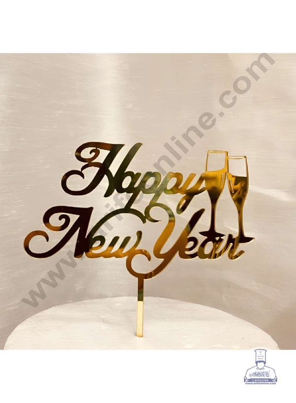 CAKE DECOR™ 5 inch Acrylic Simple Happy New Year with Cheers Glass Cutout Cake Topper Cake Decoration (SBMT-6023)