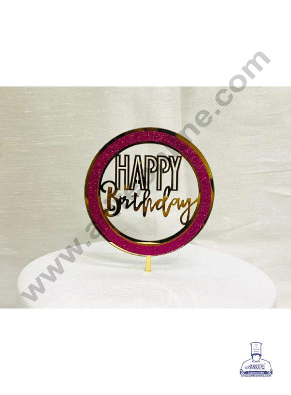 CAKE DECOR™ 5 inch Acrylic Happy Birthday with Pink Glitter Round Frame Cake Topper Cake Decoration Dessert Decoration ( SBMT-G-4006 )