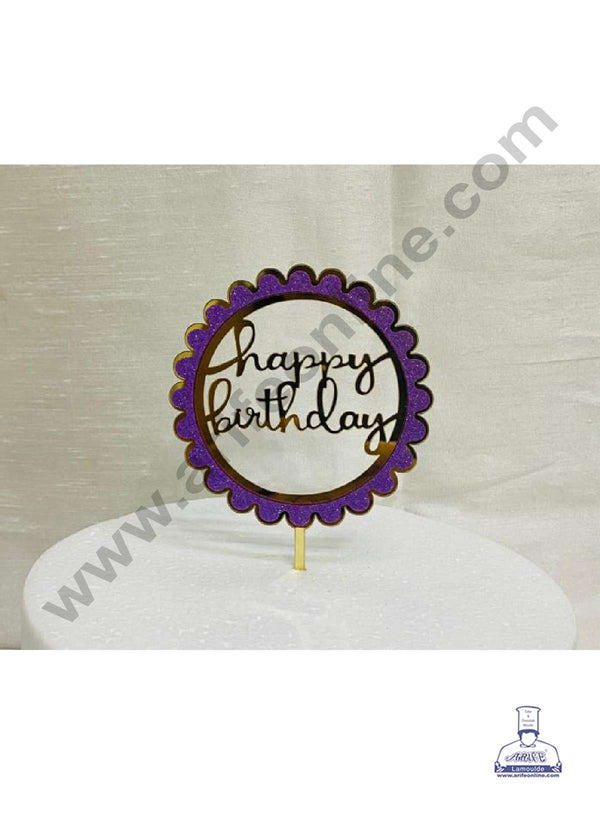 CAKE DECOR™ 5 inch Acrylic Happy Birthday with Purple Glitter Frill Round Frame Cake Topper Cake Decoration Dessert Decoration (SBMT-G-4007)