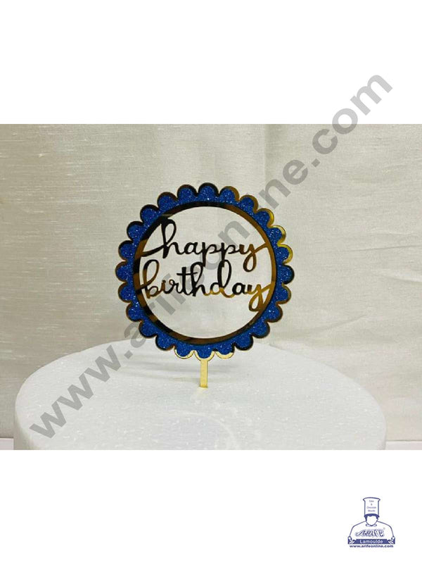 CAKE DECOR™ 5 inch Acrylic Happy Birthday with Dark Blue Glitter Frill Round Frame Cake Topper Cake Decoration Dessert Decoration (SBMT-G-4009)