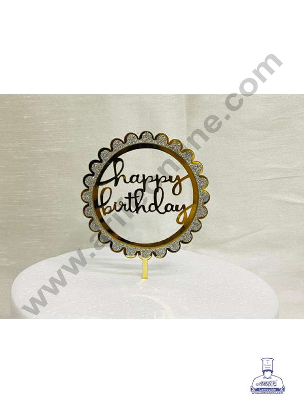 CAKE DECOR™ 5 inch Acrylic Happy Birthday with Silver Glitter Frill Round Frame Cake Topper Cake Decoration Dessert Decoration (SBMT-G-4011)