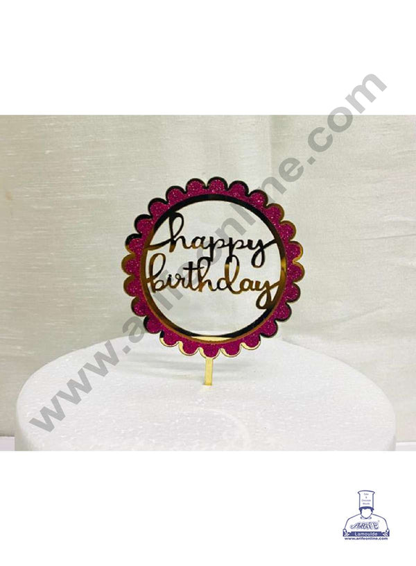CAKE DECOR™ 5 inch Acrylic Happy Birthday with Pink Glitter Frill Round Frame Cake Topper Cake Decoration Dessert Decoration (SBMT-G-4012)