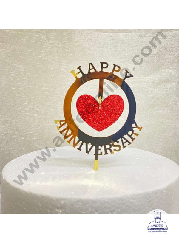 CAKE DECOR™ 5 inch Acrylic Happy Anniversary Round Frame with Hanging Red Glitter Heart Cake Topper Cake Decoration Dessert Decoration (SBMT-G-4013)