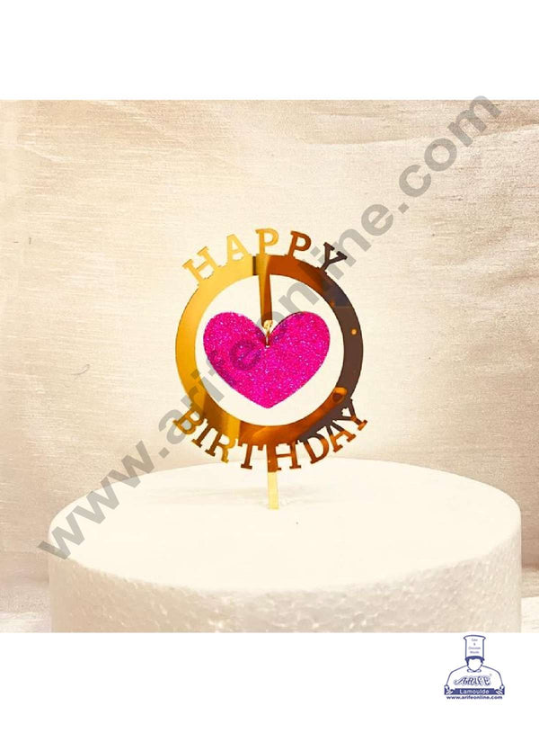 CAKE DECOR™ 5 inch Acrylic Happy Birthday Round Frame with Hanging Pink Glitter Heart Cake Topper Cake Decoration Dessert Decoration (SBMT-G-4014)