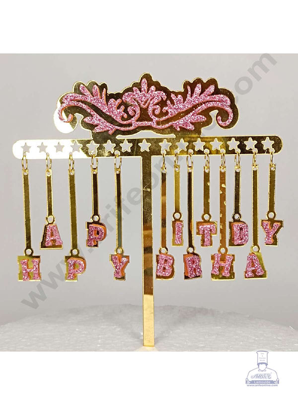 CAKE DECOR™ 5 inch Acrylic Hanging Happy Birthday Pink Glitter Heart Cake Topper Cake Decoration (SBMT-G-4020)