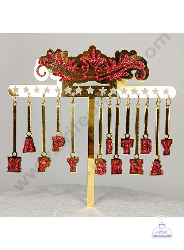 CAKE DECOR™ 5 inch Acrylic Hanging Happy Birthday Red Glitter Heart Cake Topper Cake Decoration (SBMT-G-4021)