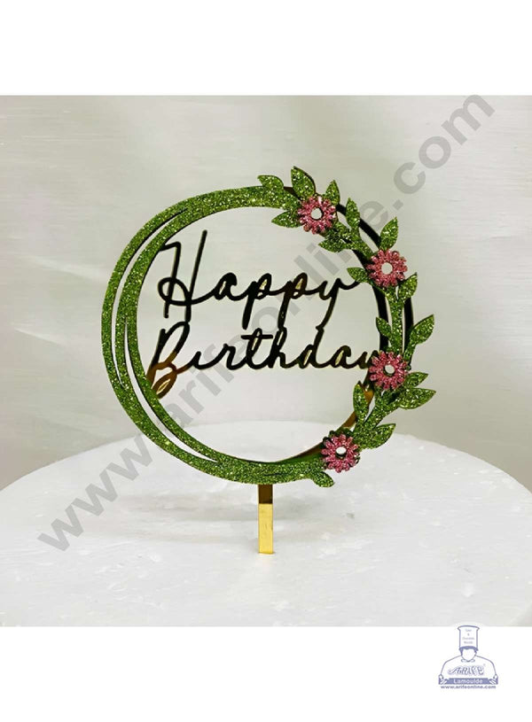 CAKE DECOR™ 5 inch Acrylic Happy Birthday in Green Glitter Round Frame with Light Pink Glitter Flower Cake Topper(SBMT-G-4025)