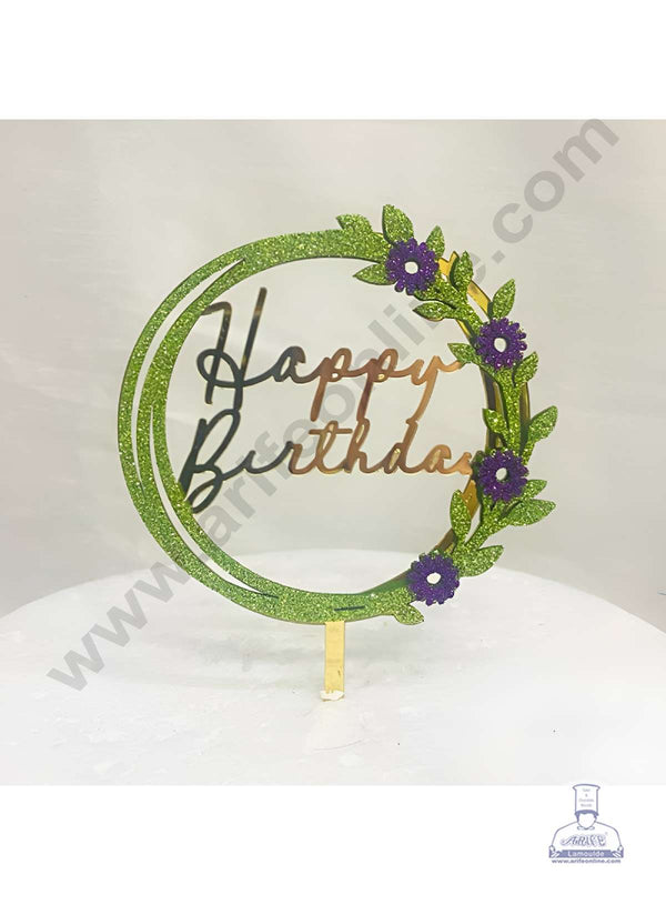 CAKE DECOR™ 5 inch Acrylic Happy Birthday in Green Glitter Round Frame with Purple Glitter Flower Cake Topper(SBMT-G-4028)