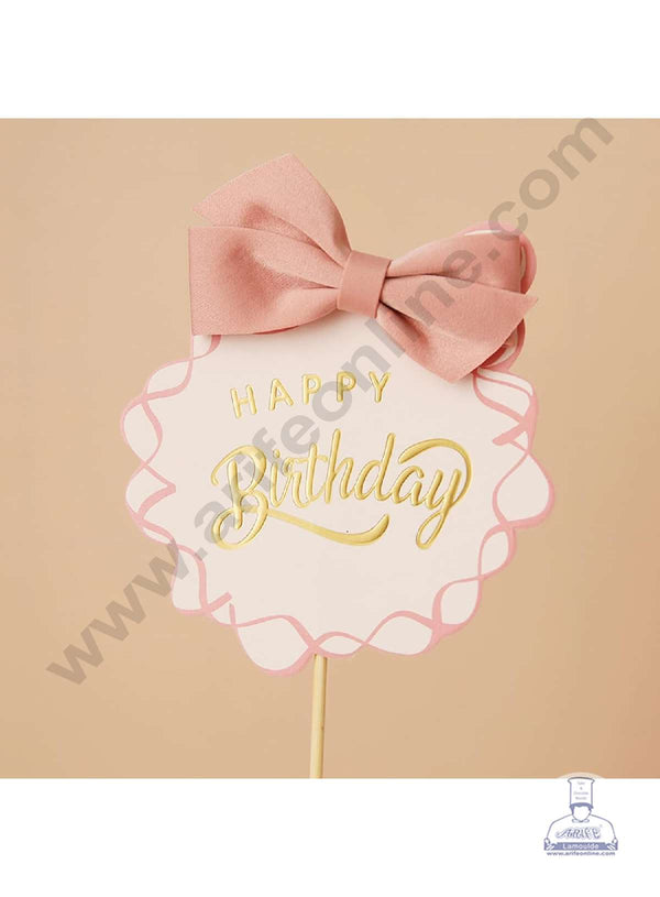 CAKE DECOR™ 5 Inch Imported Printed Cake and Cupcake Topper - Happy Birthday Pink Bow (SBMT-IMP-031)