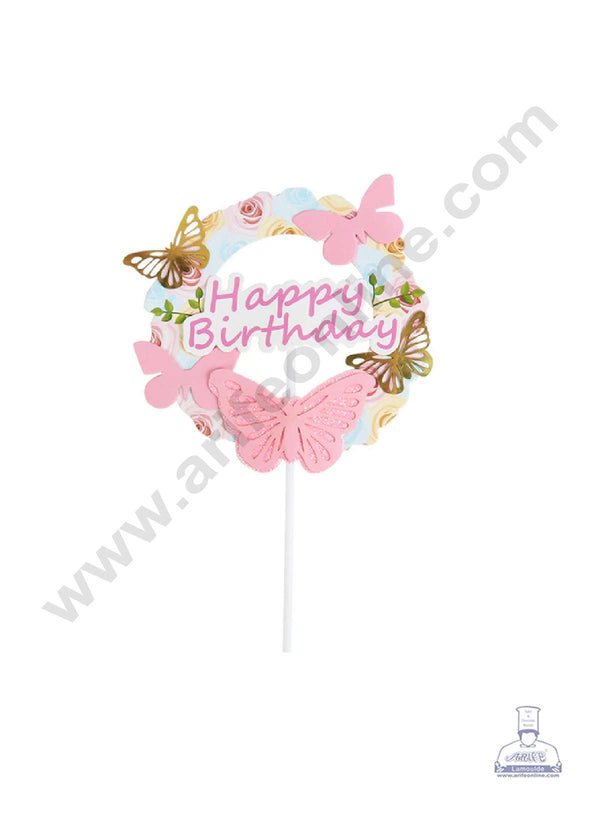 CAKE DECOR™ 5 Inch Imported Printed Cake and Cupcake Topper - Happy Birthday Floral 3D Pink Gold Butterfly (SBMT-IMP-034-P)