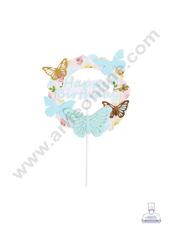 CAKE DECOR™ 5 Inch Imported Printed Cake and Cupcake Topper - Happy Birthday Floral 3D Blue Gold Butterfly (SBMT-IMP-034-BL)