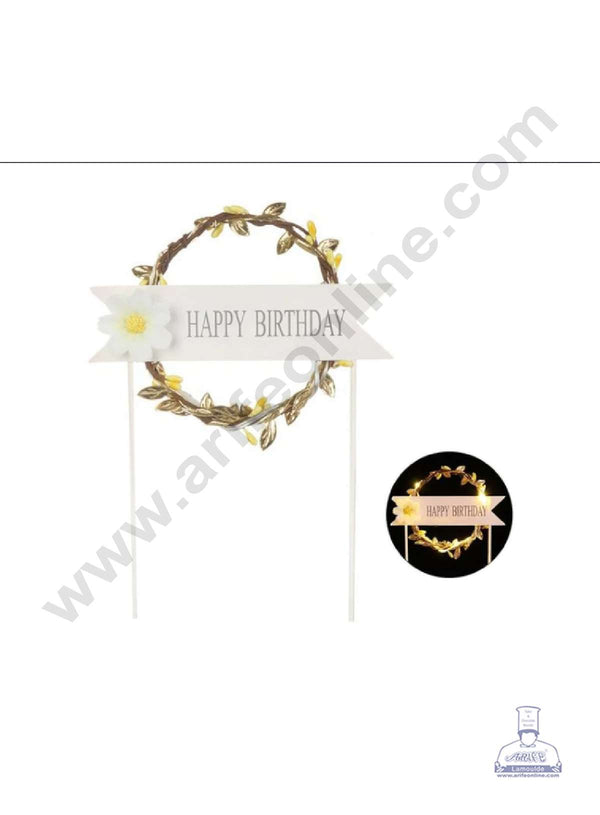 CAKE DECOR™ 5 Inch Imported Cake and Cupcake Topper - Happy Birthday Gold Wreath | Round Garland with Led Lights (SBMT-IMP-037-Gold)