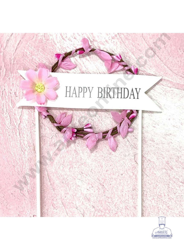 CAKE DECOR™ 5 Inch Imported Cake and Cupcake Topper - Happy Birthday Pink Wreath | Round Garland with Led Lights (SBMT-IMP-037-Pink)
