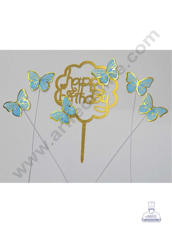 CAKE DECOR™ 5 Inch Printed Imported Cake and Cupcake Topper - Happy Birthday Set of 4 Piece Blue Butterfly and 1 Piece Acrylic Happy Birthday Topper (SBMT-IMP-038-Blue)