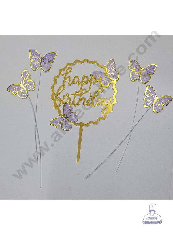 CAKE DECOR™ 5 Inch Printed Imported Cake and Cupcake Topper - Happy Birthday Set of 4 Piece Purple Butterfly and 1 Piece Acrylic Happy Birthday Topper (SBMT-IMP-038-Purple)