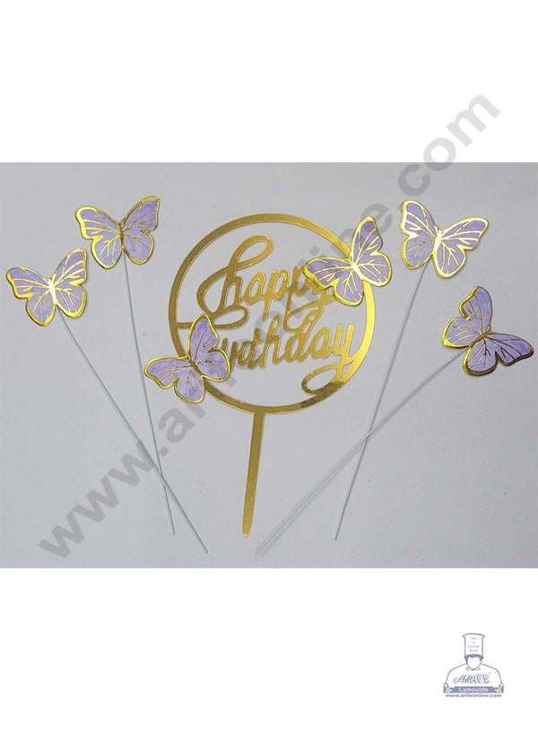 CAKE DECOR™ 5 Inch Printed Imported Cake and Cupcake Topper - Happy Birthday Set of 4 Piece Purple Butterfly and 1 Piece Acrylic Happy Birthday Topper (SBMT-IMP-038-Purple-01)